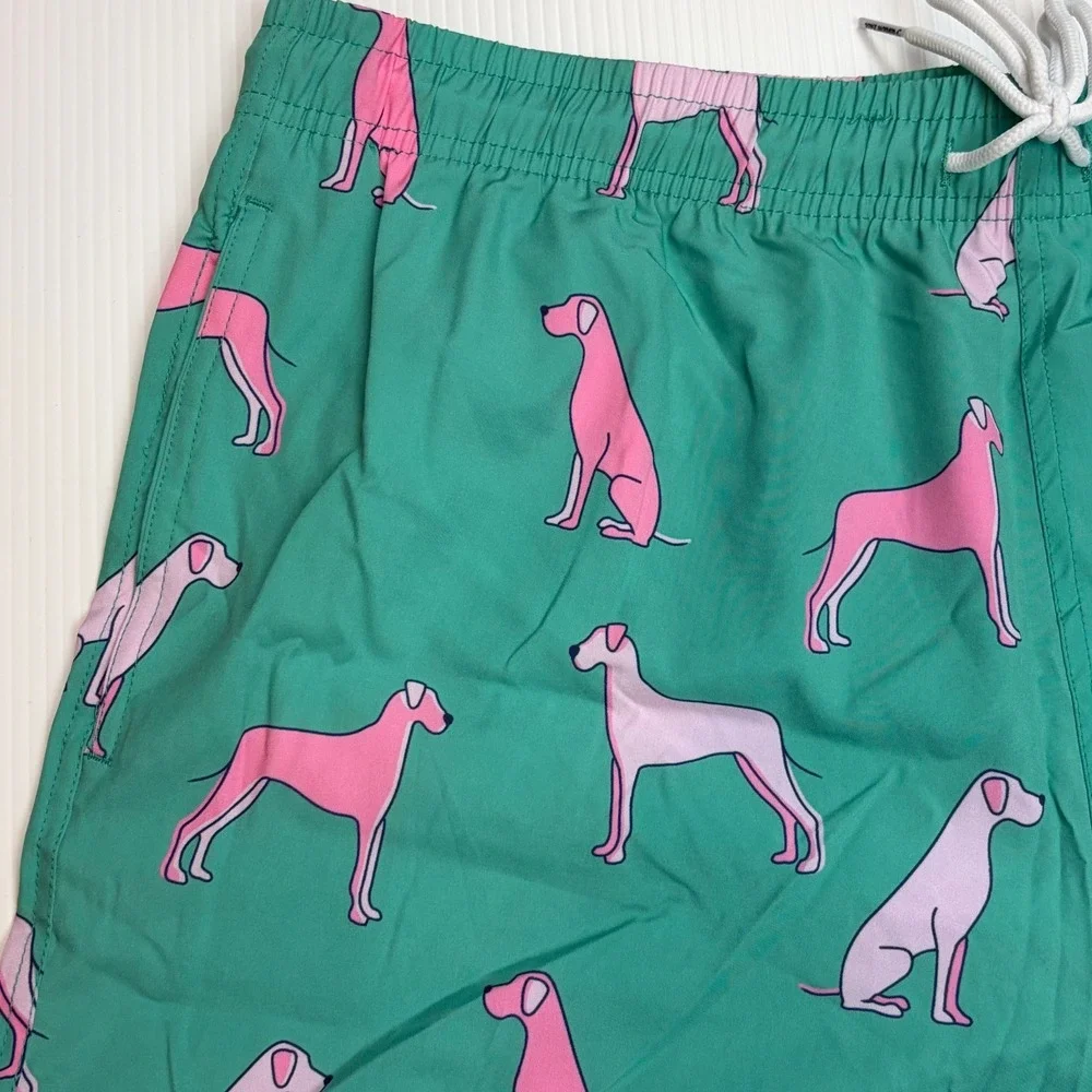 Mens Tropical Dog Print Swim Trunks Teal‎ Pink Retro Preppy Board Shorts